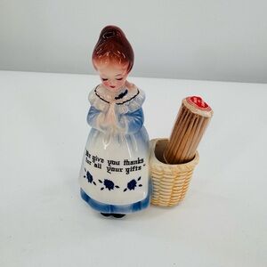 Vintage Enesco White Blue Praying Lady Toothpick Holder Kitchen‎ Decor